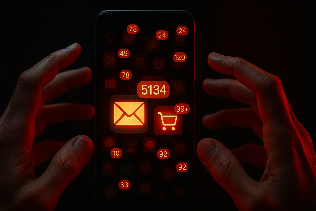 Overwhelmed smartphone inbox at night—blazing red email and cart badges in the thousands, hands closing in with anxious tension, FOMO about missing one life-changing notification for a lucky-bag win