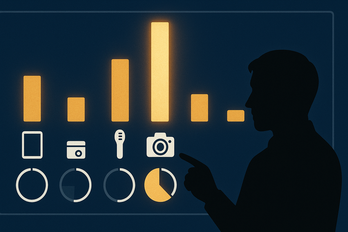 Data-driven second-chance insight—silhouette analyst pointing at glowing bar and pie charts for tablets, appliances, beauty gadgets, cameras, and PCs, revealing which lucky bags secretly have the highest rollover win rate