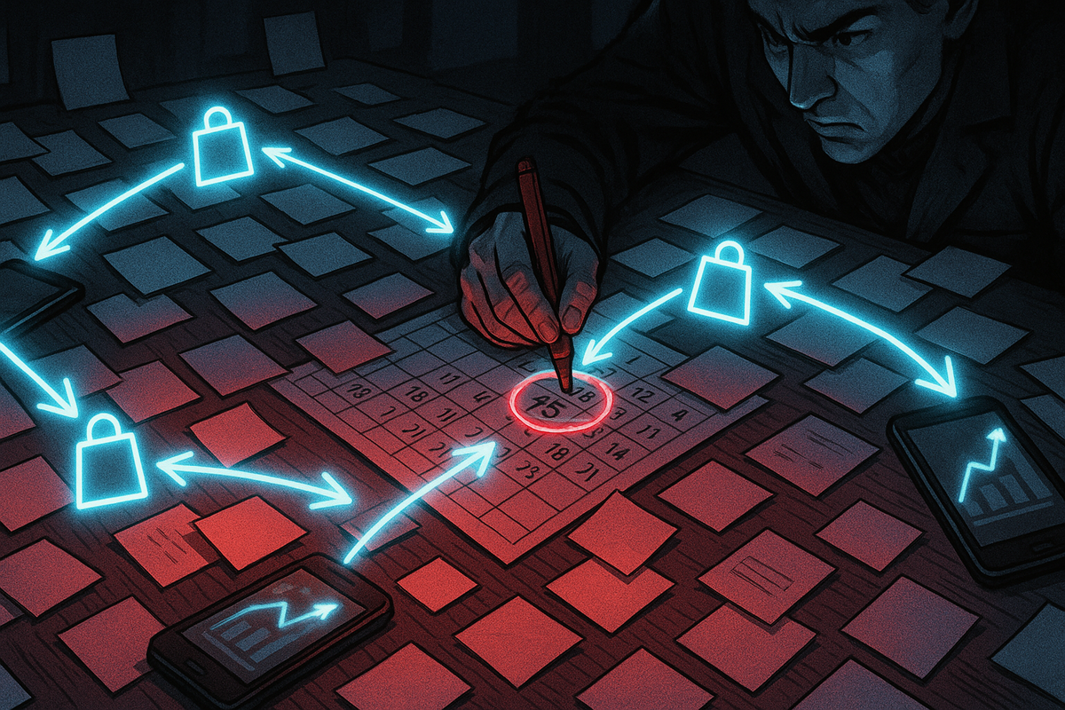 War-room calendar strategy for lucky bags—focused planner circling a critical deadline in red while neon arrows jump between phones and shopping-bag icons, intense determination to catch every last-minute cancellation slot