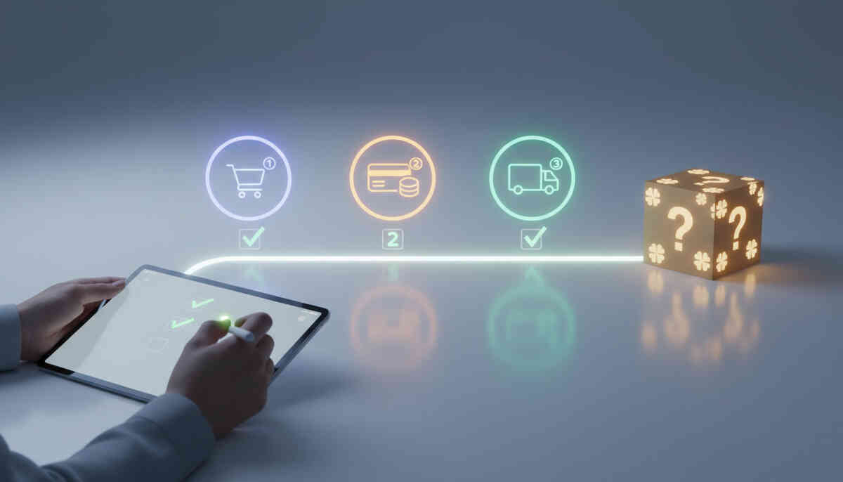 Calm step-by-step checkout journey—hand with stylus ticking glowing icons for cart, payment, and delivery that lead to a mysterious question-mark lucky box, smooth post-win procedure filled with gentle anticipation
