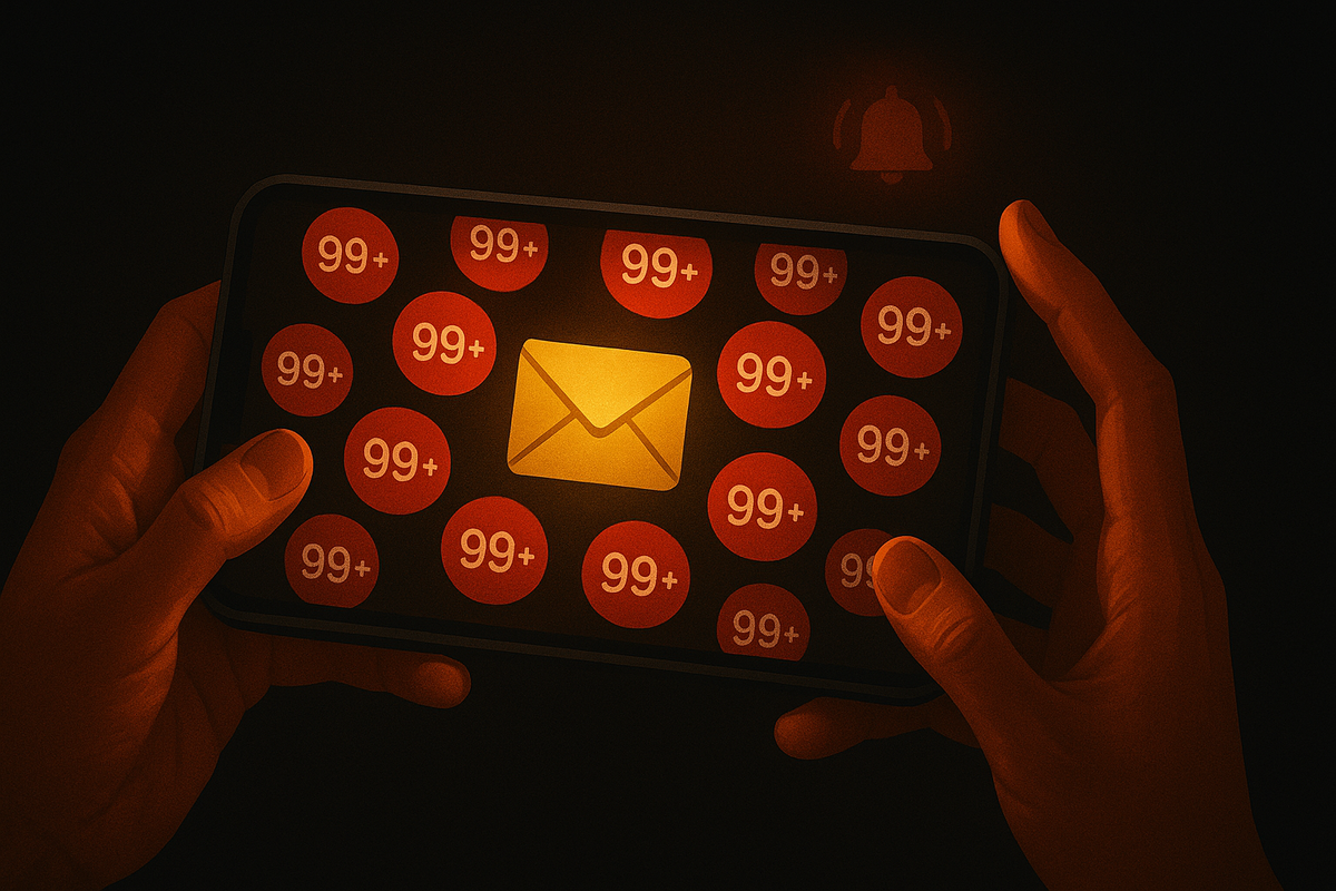 Golden email icon shining among dozens of unread red notifications on a smartphone—anxious, heart-racing FOMO about missing that one life-changing winning message amid chaos