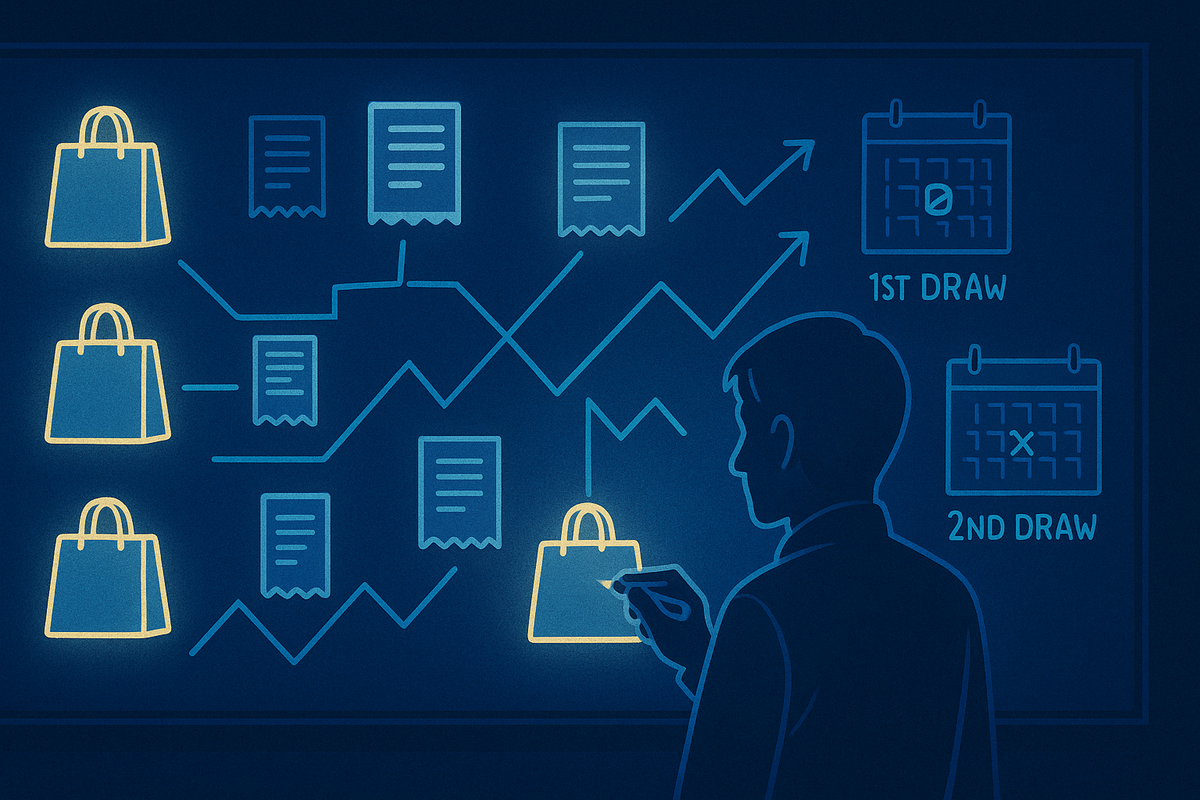 Cool-toned strategy wall filled with glowing shopping bags, receipts, and calendars labeled 1st Draw / 2nd Draw—focused analyst mapping the secret patterns of lucky-bag winners, calm determination and data-driven excitement