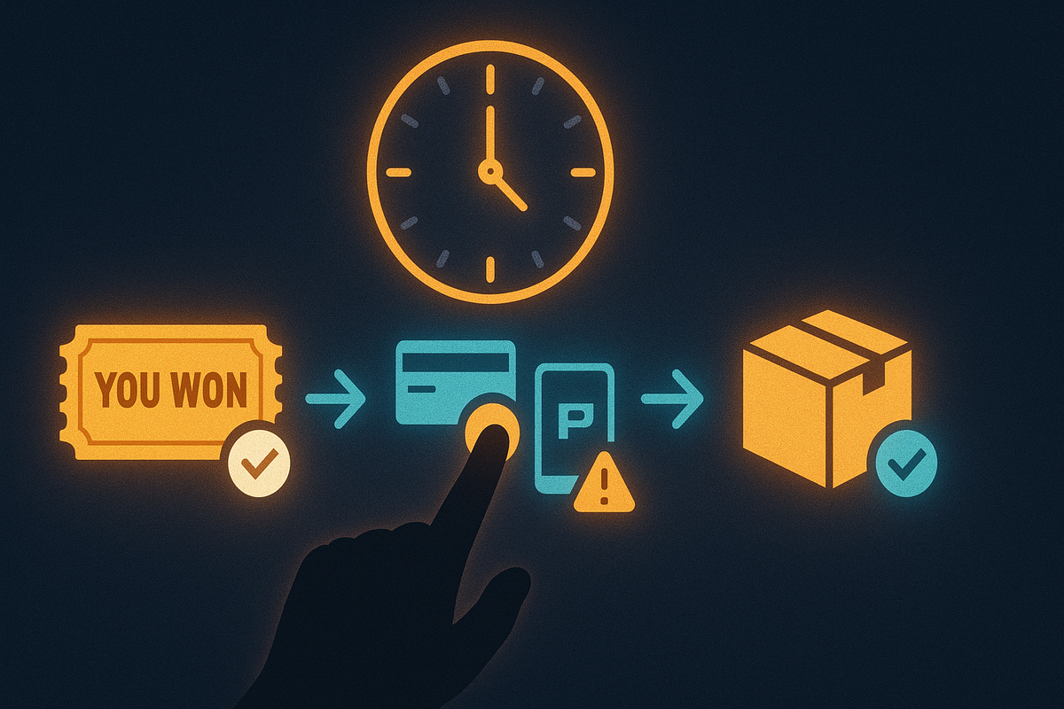 Countdown clock ticking above a glowing “YOU WON” ticket and payment icons—deadline pressure, adrenaline rush to complete the purchase before it’s too late, urgency and victory in the air