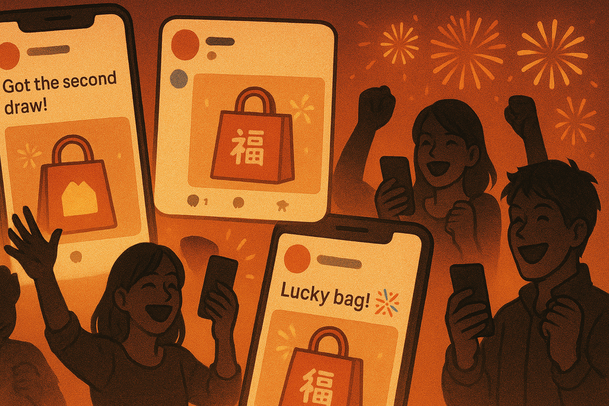 Joyful orange glow of fireworks lighting faces of lucky winners celebrating their second-draw victory—smartphones showing “Got the second draw!” and “Lucky bag!” posts, pure happiness and community energy