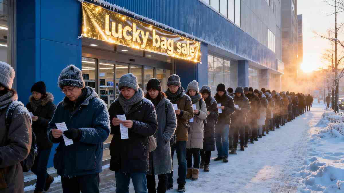 Frosty dawn outside an unbranded store with a “Lucky Bag Sale” sign glowing warmly—long line of bundled shoppers exhaling mist in the cold, hopeful and determined mood of New Year anticipation