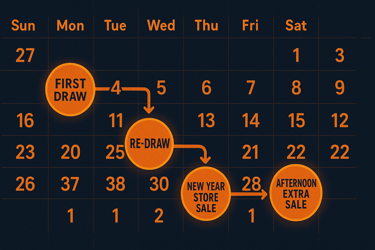 Bold orange calendar roadmap—FIRST DRAW → RE-DRAW → NEW YEAR STORE SALE → AFTERNOON EXTRA SALE—visual timeline of every hidden second-chance window to grab a BicCamera lucky bag in 2026
