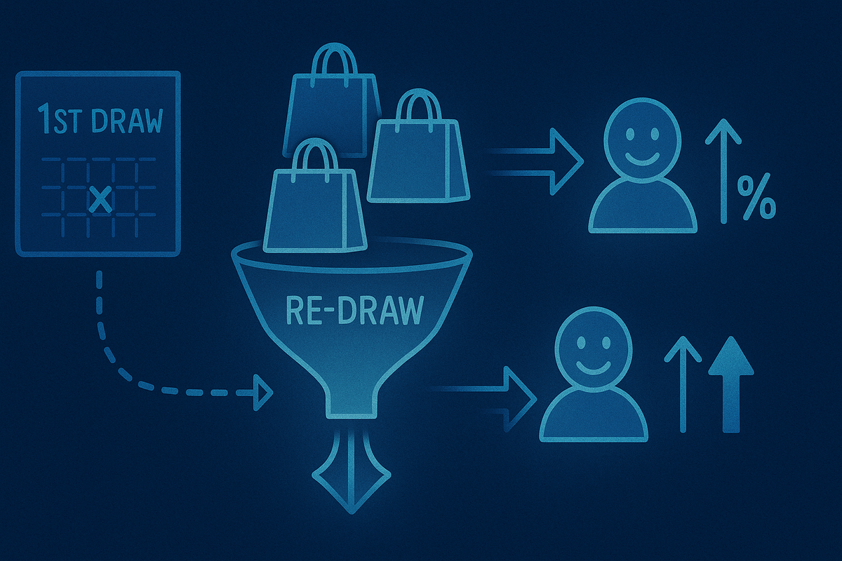 Cool blue funnel labeled RE-DRAW swallowing unsold lucky bags from the 1st draw and sending them toward smiling customer icons with rising percentage arrows—clear illustration of higher win rate in the BicCamera second lottery