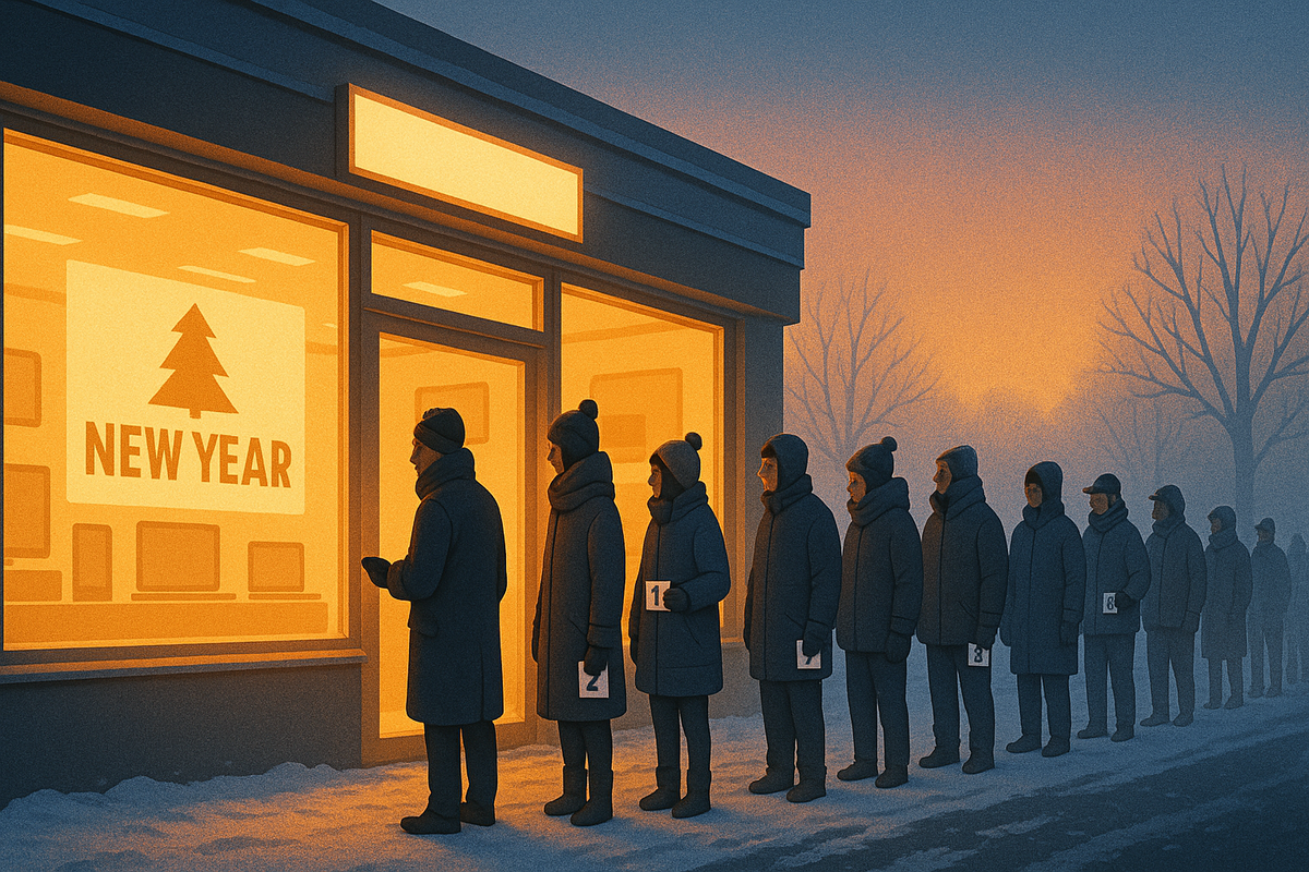 Icy New Year dawn in front of a glowing electronics store, long bundled-up queue clutching numbered tickets—tense, hopeful atmosphere of lining up for BicCamera New Year lucky bag restock