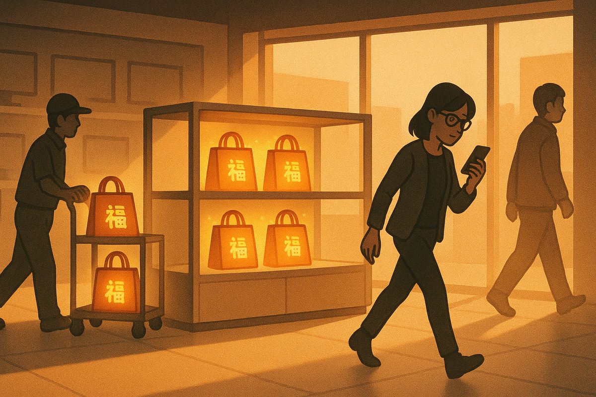Warm store interior with staff rolling in fresh glowing “福” lucky bags as a woman checks her smartphone for alerts—thrilling moment when afternoon追加販売 and restock notifications turn into a real fukubukuro score
