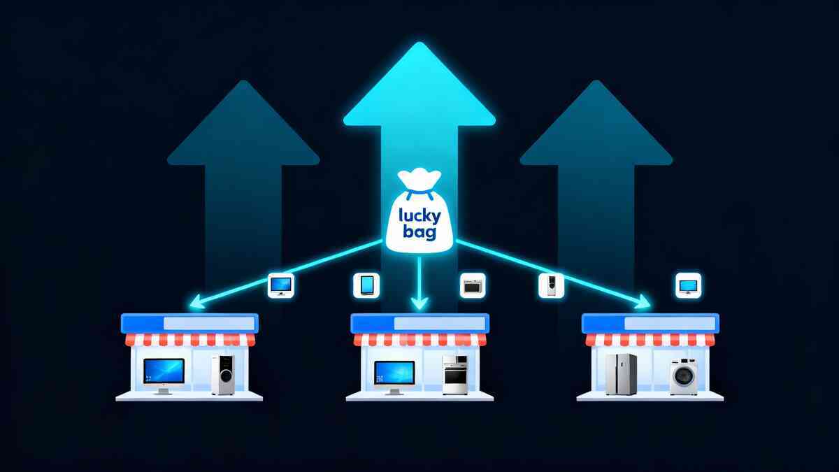 Dark strategy map—three generic appliance stores at the bottom, central “lucky bag” icon sending neon arrows and product tiles to each shop, giant upward arrows behind—powerful visual of multi-chain BicCamera group tactics to triple福袋 winning odds