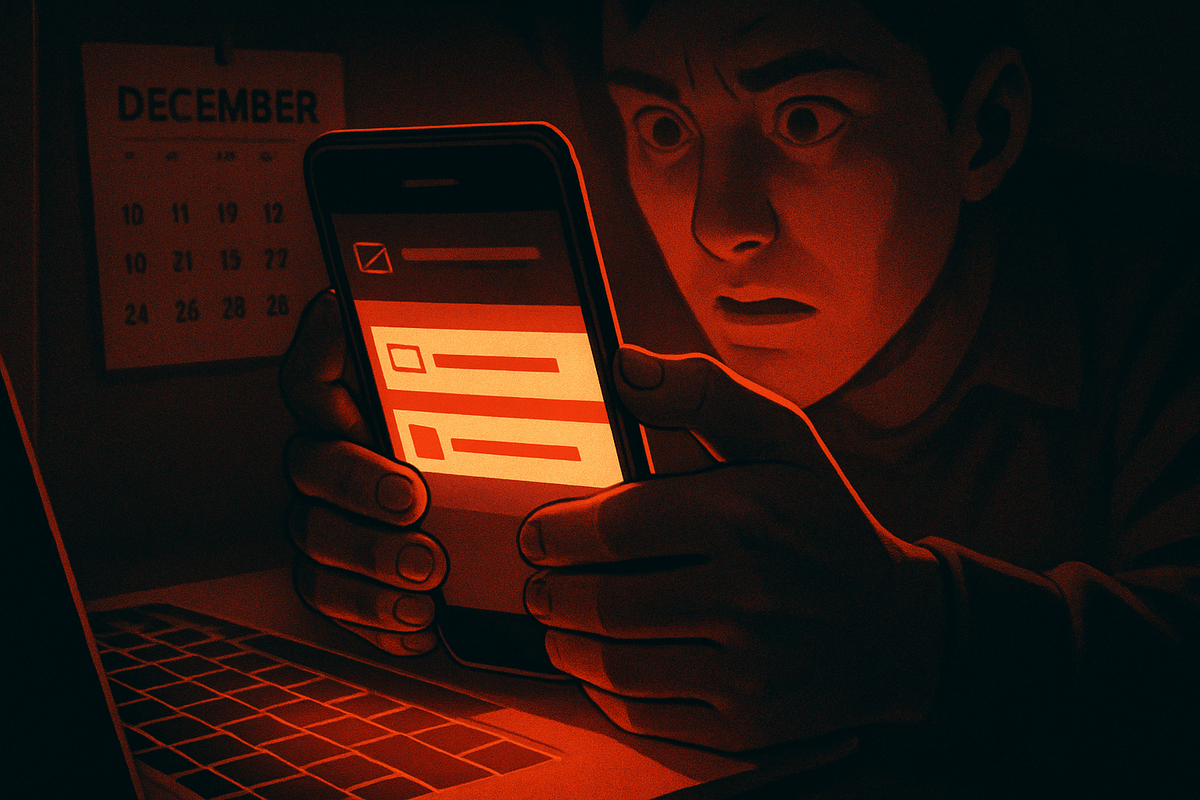 Late-night December grind—man clutching his smartphone in front of a laptop, email list blazing red, wall calendar stuck on mid-December, wide anxious eyes—fear of missing the Bic Camera lucky-bag second lottery, FOMO tension, urgent notification-check reminder