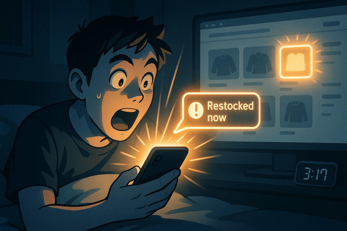 3:17 a.m. bedroom panic—sleepy shopper jolted awake by a glowing “restocked now” alert on his phone, TV screen showing product grid, sweat on his face—heart-pounding moment you catch the surprise restock in time, midnight sale drama and excitement