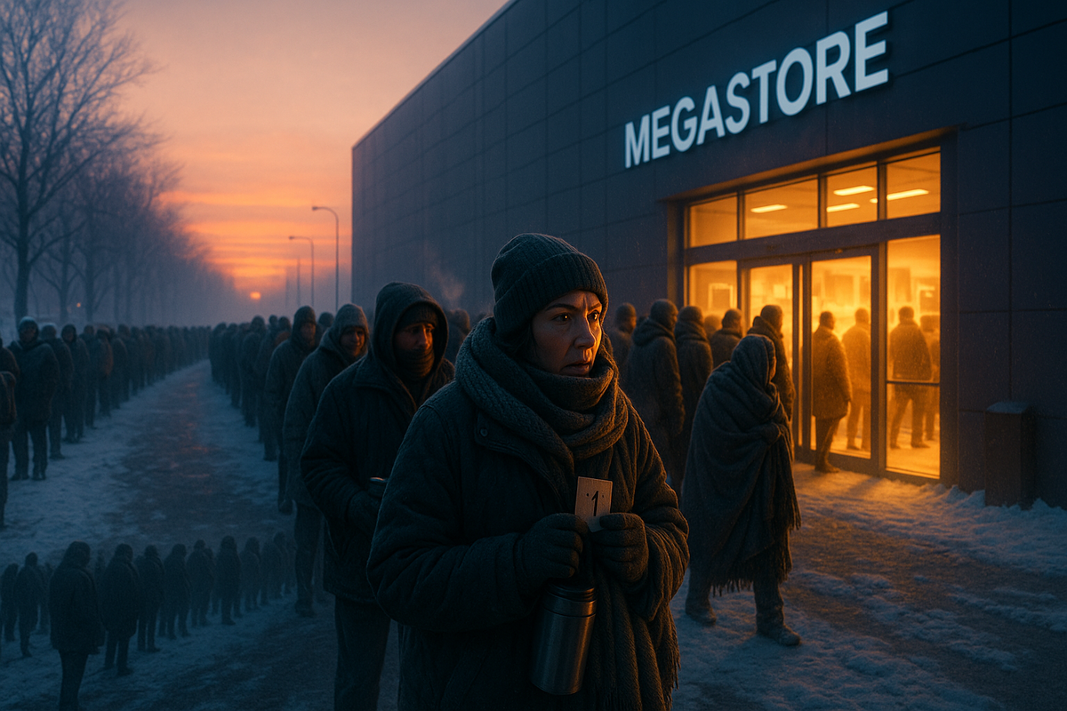 Frozen New Year dawn outside a vast megastore—endless queue of bundled shoppers in heavy coats, visible breath in the icy air, one person gripping ticket number one as the entrance glows warm orange—painful cold, burning hope, and fierce determination to grab limited New Year lucky bags