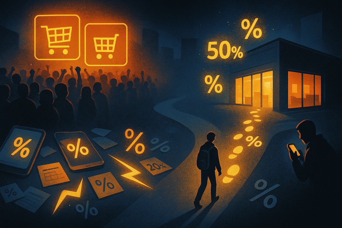 Black-Friday-style contrast—on the left a dense crowd under glowing shopping-cart icons and scattered discount papers, on the right a single shopper following golden percentage footprints toward a quiet, brightly lit store—smart strategy path versus chaotic herd, secret route to better福袋 deals