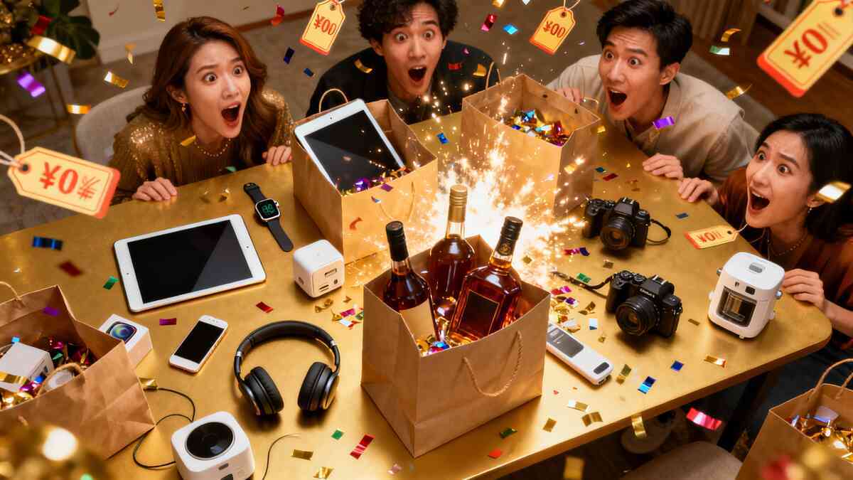 Golden celebration table overflowing with surprise—friends leaning forward with shocked, sparkly eyes as lucky bags burst with confetti, tablets, headphones, cameras, and premium liquor bottles—jackpot福袋 unboxing moment, electrifying joy, party-like discovery of insane value
