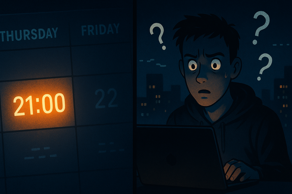 Night city mood with a calendar glowing “Thursday 21:00” beside a confused gamer at a laptop, sweat and question marks floating—why is the Rakuten Books Switch2 drop tonight, rule-breaking schedule twist and anxious suspense
