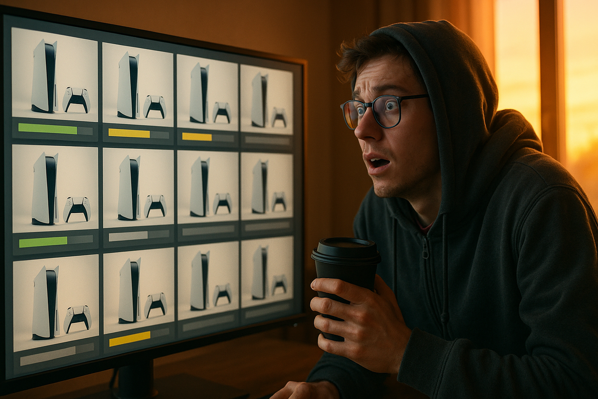 Sleepy but wired gamer in hoodie staring at a sunrise-lit monitor packed with console thumbnails and green-yellow-red stock bars, coffee in hand—real-time Switch2 Rakuten inventory watching, fragile hope and breathless tension