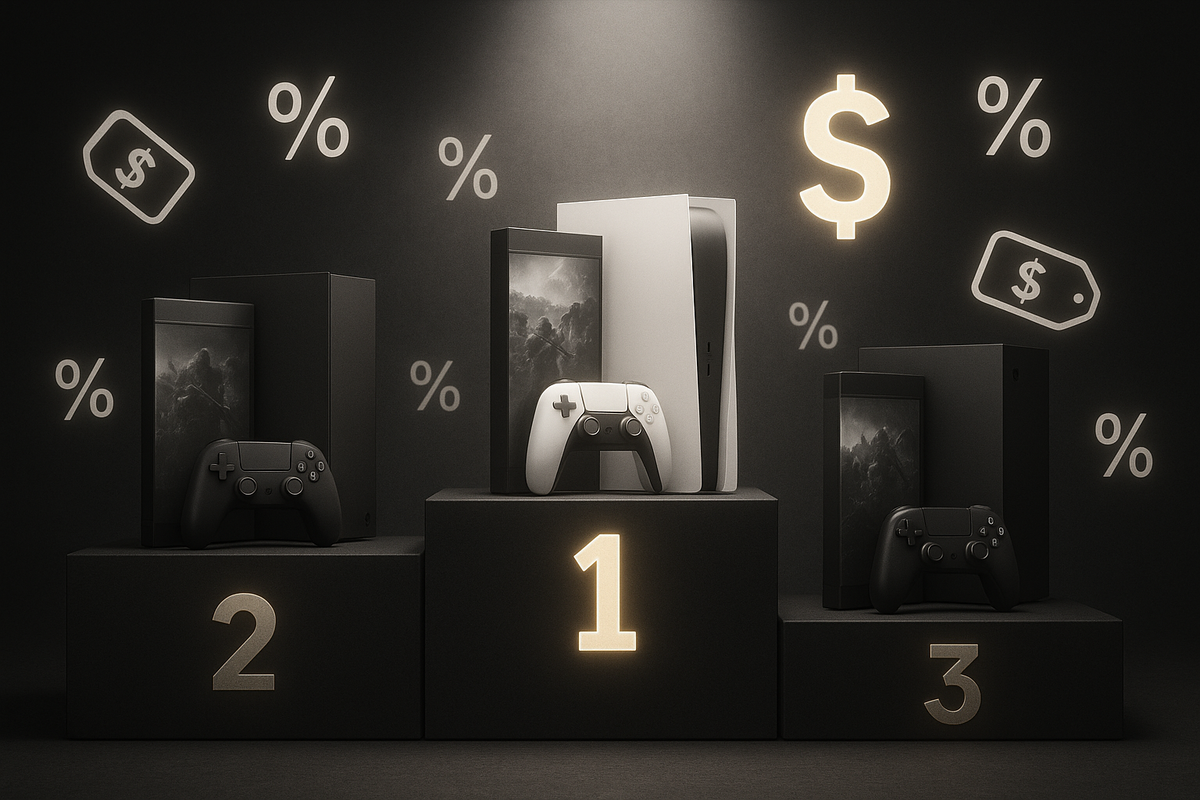 Three next-gen console bundles on a dark podium labeled 1-2-3, surrounded by glowing price tags, percent signs and currency icons—Rakuten Books Switch2 bundle value ranking, top deal spotlight, thrilling sense of smart savings