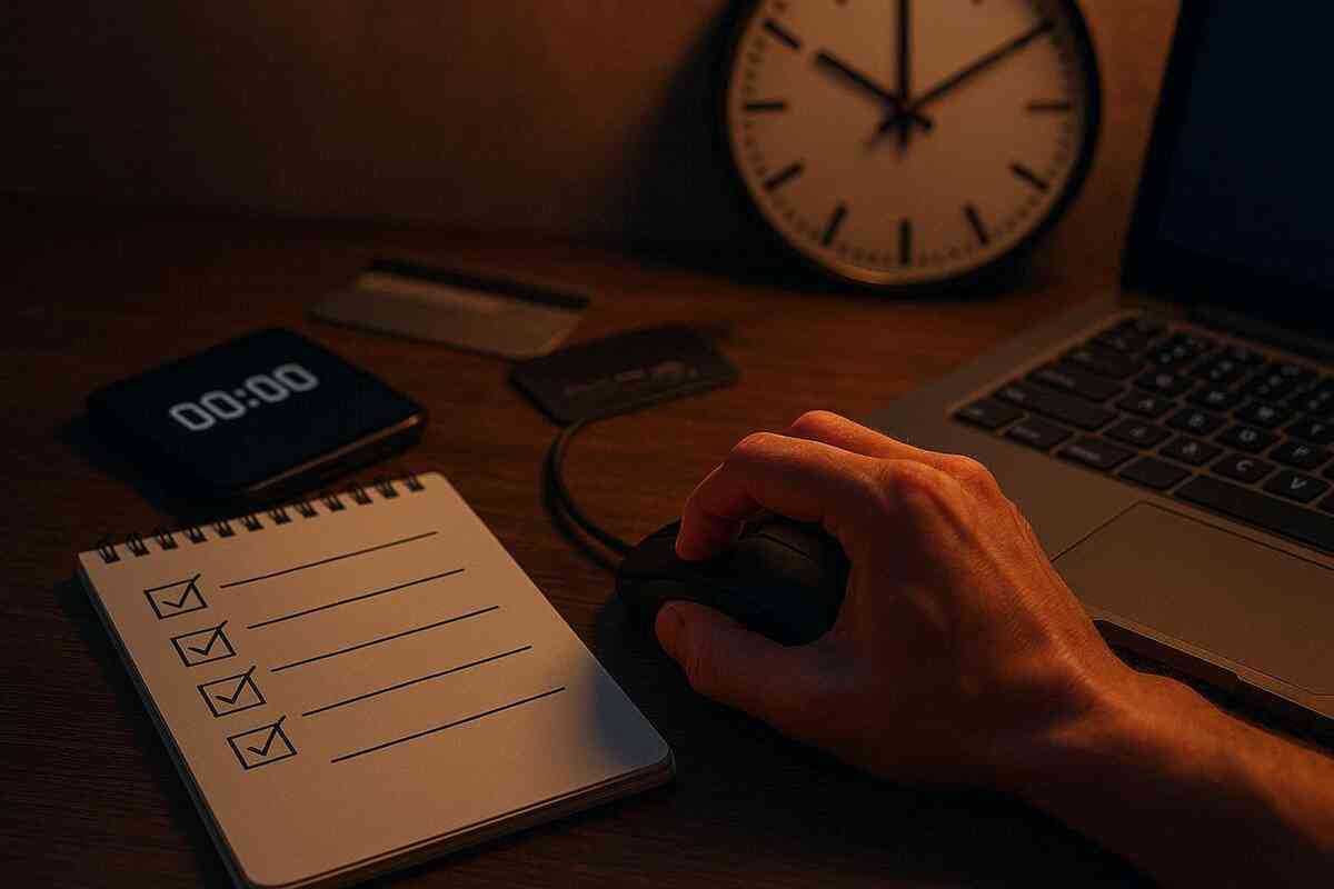 Close-up battle desk before 21:00: checklist notebook with boxes ticked, countdown timer on a phone, credit cards ready, hand gripping a mouse by the laptop—Switch2 flash sale preparation ritual, calm focus before the storm, zero-second launch tension