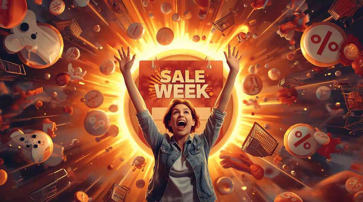 Ecstatic shopper throwing up her hands as a blazing “SALE WEEK” sun explodes behind her, gamepads, carts and percent icons swirling in an orange storm—Rakuten Super SALE week euphoria, Switch2 hunt fever, overwhelming discounts and joyful chaos