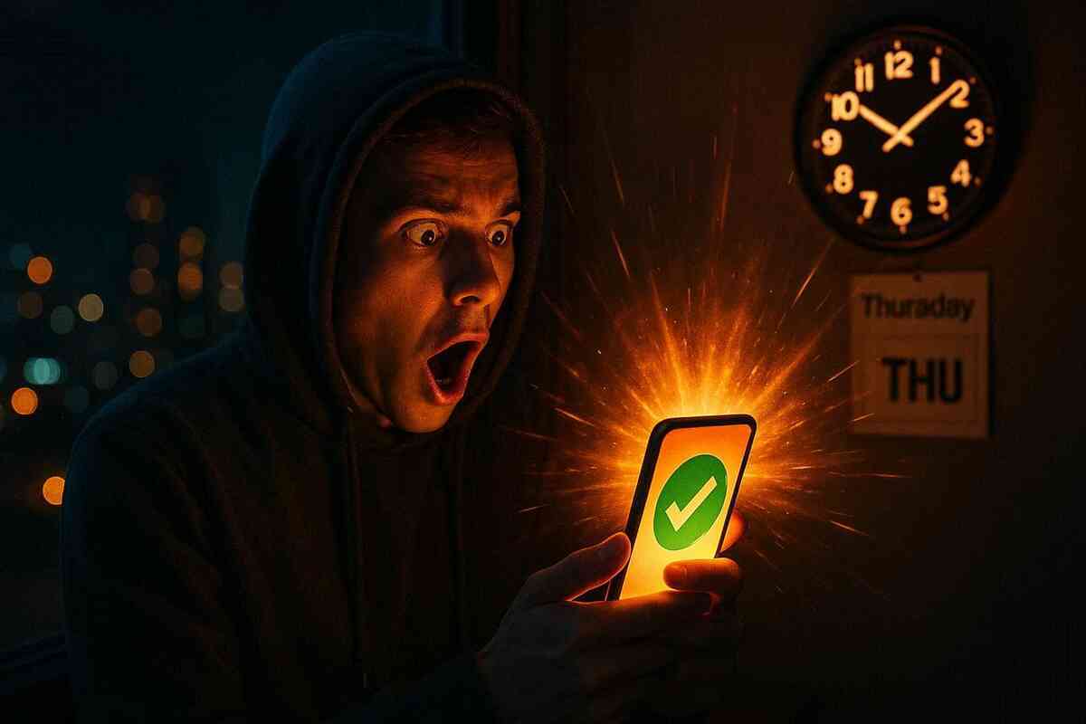 Stunned gamer in a hoodie at night, face lit by a blazing orange smartphone with a giant green check mark, wall clock and “Thursday” calendar behind him—Switch2 Rakuten Books Thursday 21:00 purchase success moment, heart-stopping surprise and explosive joy