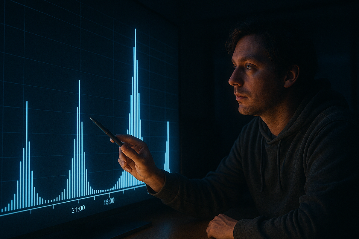 Serious gamer analyst in a dark room studying a huge blue bar chart, stylus pointing at towering 21:00 spikes on the timeline—data-driven breakdown of Rakuten Books Switch2 restock pattern, calm focus, quiet tension, evidence-based insight
