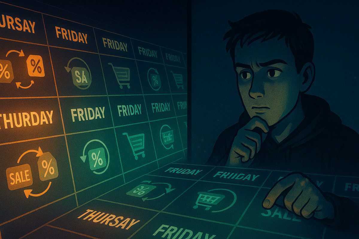 Thoughtful gamer facing a glowing futuristic calendar wall filled with Thursday and Friday sale icons, fingertip hovering over a highlighted Thursday cell—strategic prediction of next Switch2 drop, wrestling with patterns, moody yet hopeful planning energy