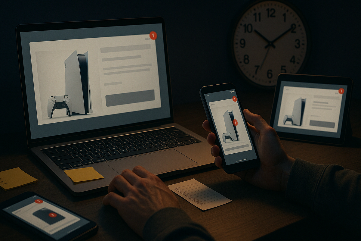 Nighttime command center desk with laptop, smartphone, and tablet all showing the same console product page and red notification badges, clock ticking toward 21:00—multi-device alert setup for Rakuten Books Switch2 sale, intense preparation and nervous anticipation