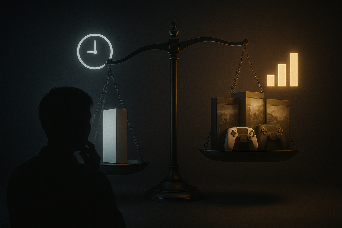 Silhouette of a gamer pondering in front of a dark balance scale, one side holding a single console box under a cold clock icon, the other side stacked with bundle boxes and controllers glowing under a rising bar-graph—solo vs bundle Switch2 decision, weighing time pressure against value, conflicted but determined mood
