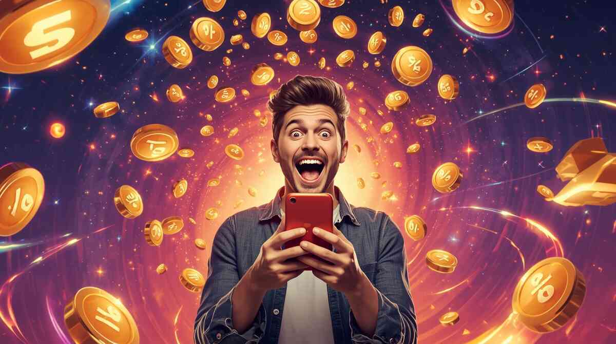 Ecstatic shopper clutching a smartphone as a cosmic vortex of golden percentage coins swirls around him—Rakuten Super SALE points explosion on a Switch2 purchase, 5 and 10 and 16x bonuses raining down, euphoric jackpot feeling and irresistible savings energy