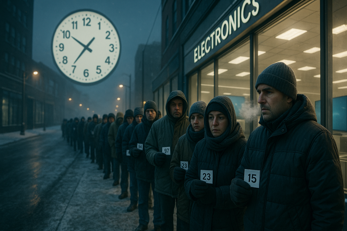 Endless predawn line in the snow outside an electronics store—people in heavy coats clutch numbered tickets under a giant ticking clock, visible breath, quiet tension and determination to secure a rare game console at opening time