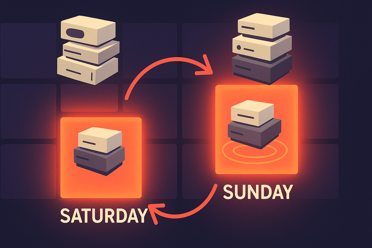 Stylized weekend calendar with Saturday and Sunday squares glowing orange—stacks of generic game consoles and curved arrows between the days illustrate a back-to-back restock pattern, predictive, strategic, optimistic vibe for shoppers