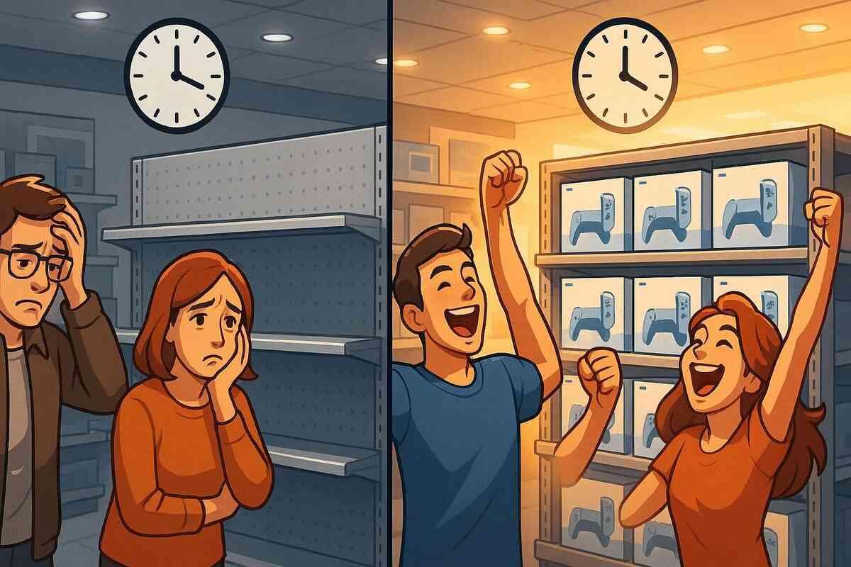 Split-screen illustration in a game store—on the left, worried customers in front of empty shelves and an early clock; on the right, later in the day, shelves full of consoles and overjoyed shoppers celebrating an afternoon restock miracle, emotional contrast of despair and relief