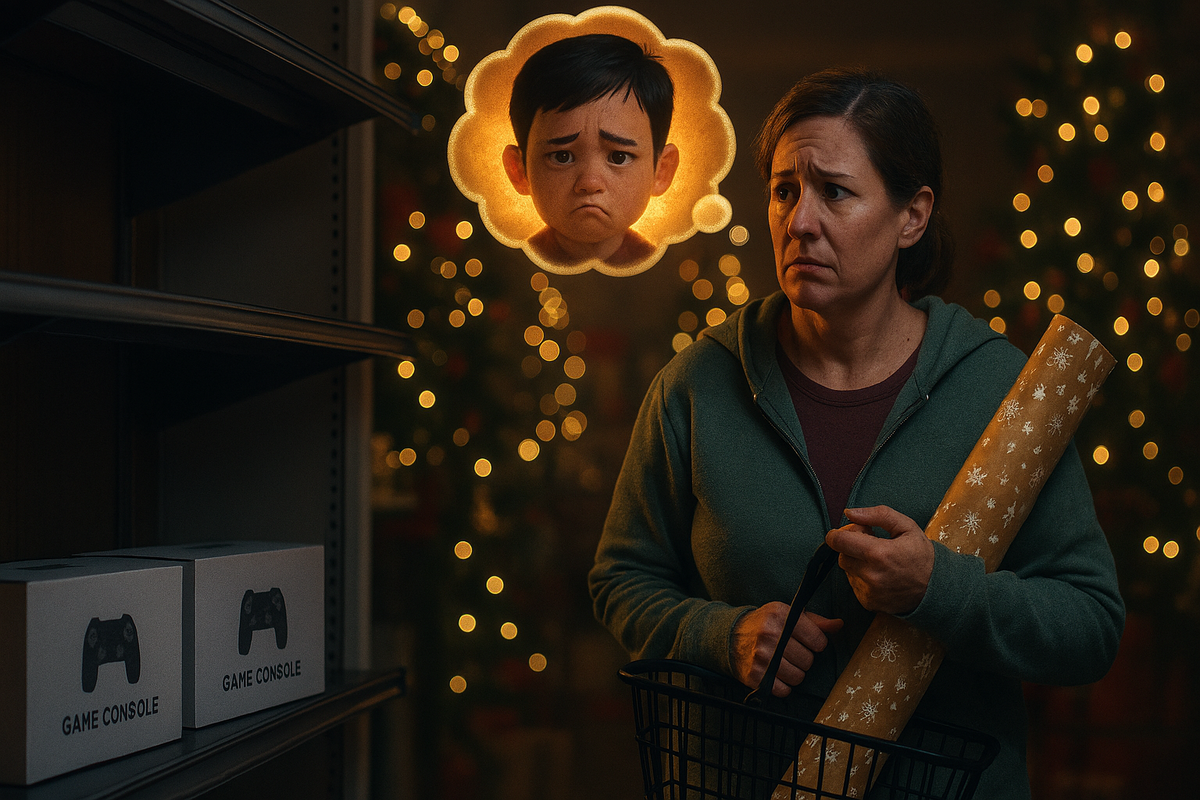 Worried parent in a Christmas-lit store aisle staring at almost empty console shelves—holding gift wrap while imagining a sad child’s face in a glowing thought bubble, heart-tugging last-chance holiday urgency and emotional pressure to find the game console in time