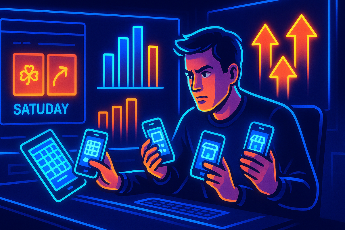 Neon war-room at night—determined shopper holding multiple glowing smartphones while dashboards show odds charts, Saturday calendar, and rising arrows, intense strategy mood for tripling lottery win rate on SIM-free smartphone lucky bags