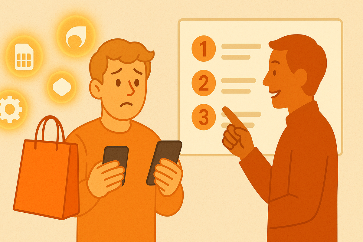 Soft orange illustration of a worried beginner clutching a smartphone and lucky bag while a friendly guide points to a simple three-step checklist—floating SIM and settings icons, gentle educational energy for first-time SIM-free福袋 shoppers