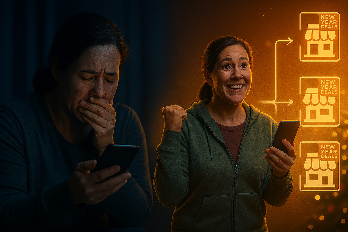 Emotional split scene—on the left, a woman in the dark staring at a “not selected” phone screen in shock; on the right, the same woman glowing with joy as arrows lead to multiple New Year deal stores, powerful comeback story from lottery loss to clever plan B福袋 strategy
