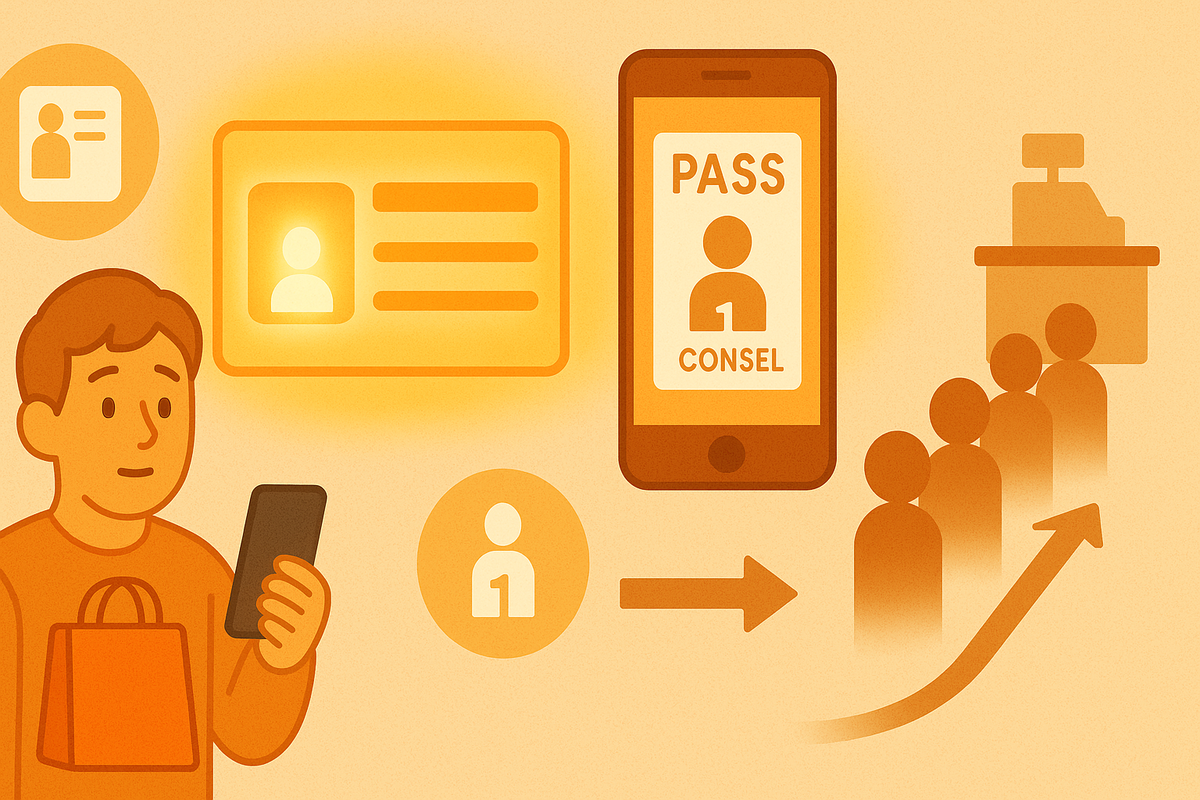Soft orange infographic—smiling shopper checks their phone while a glowing membership card and digital pass float beside a checkout line, gentle arrows guiding the eye, warm reassurance that “member ID only” unlocks the new Geo first-come Switch2 system