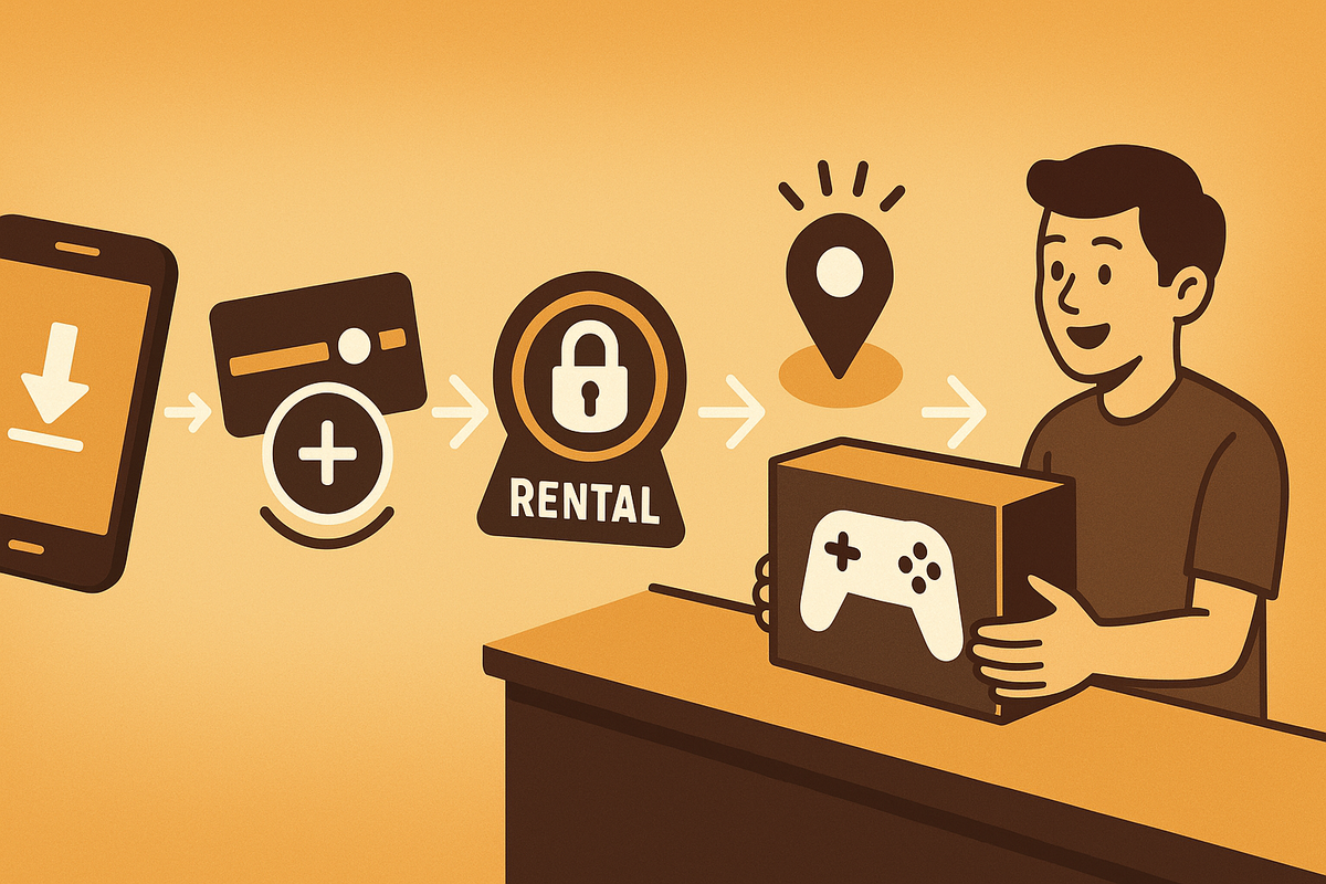 Step-by-step comic strip—app download icon → linked card → rental member badge → store location pin → happy customer hugging a console box, smooth arrows connecting each phase, clear joyful roadmap for grabbing Switch2 at Geo without stress