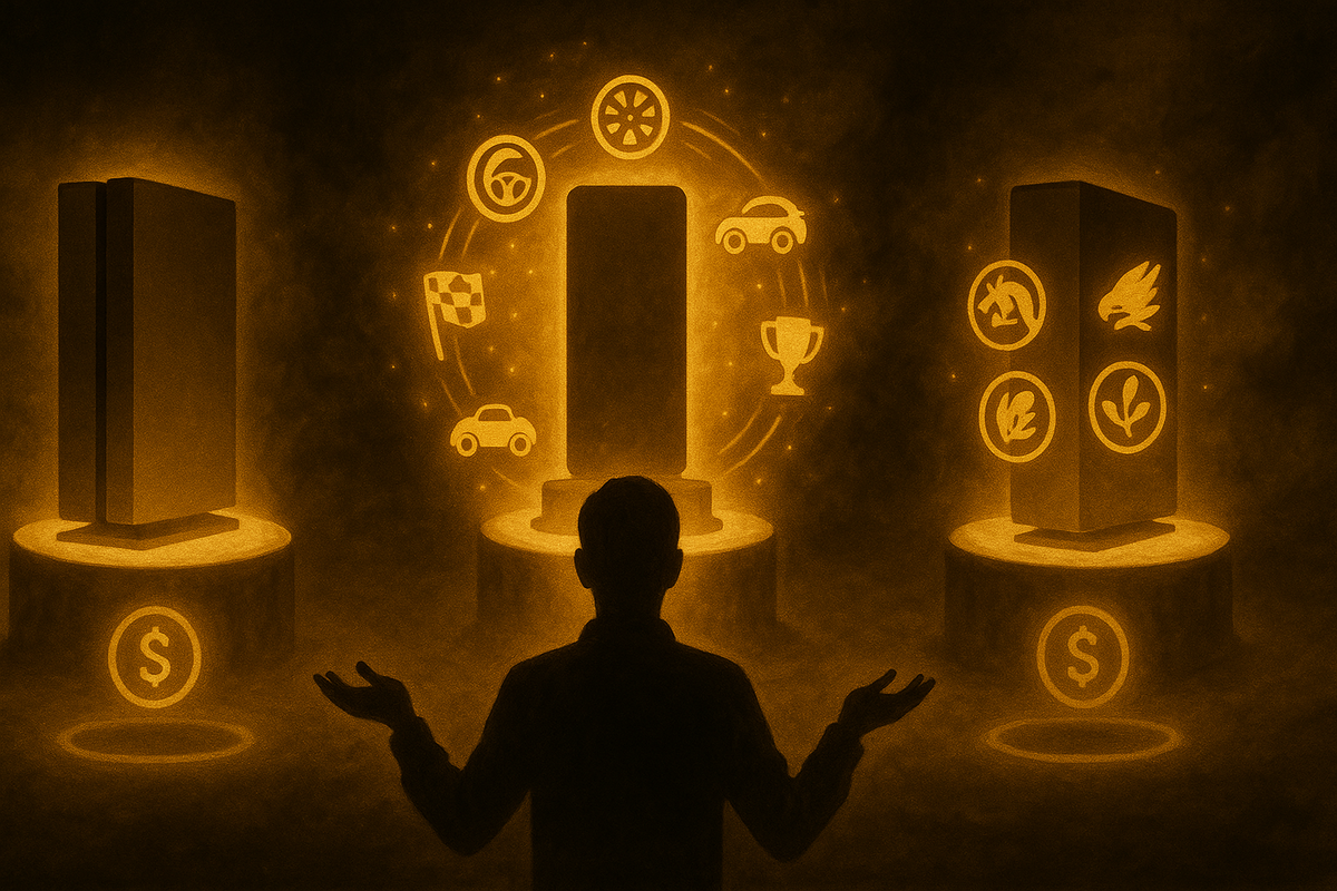 Golden decision theatre—silhouette shopper stands before three glowing console pedestals, each surrounded by different game-genre icons and subtle price symbols, emotional tension between budget, racing bundle, and special edition choice for the perfect Switch2 set