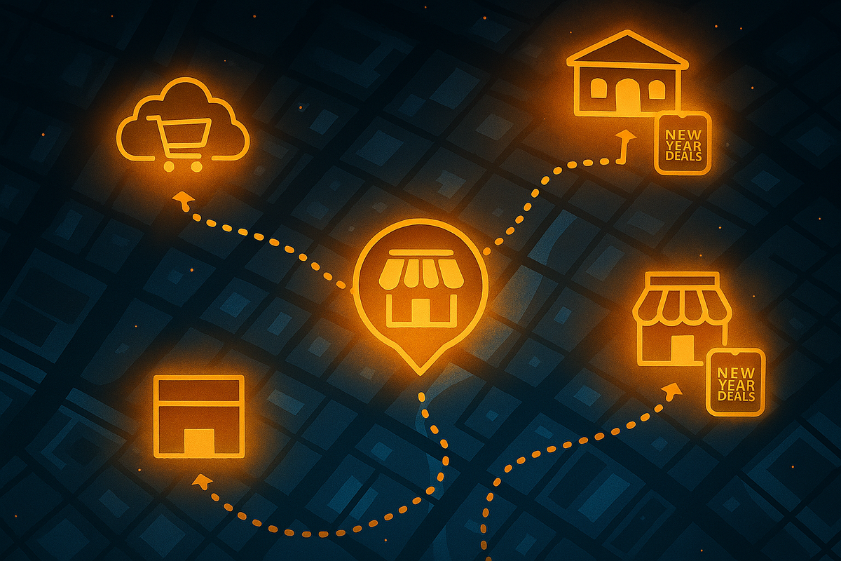 Stylized city map at night—central store pin surrounded by dotted paths leading to other shops and a cloud shopping cart, each icon labeled with bright “New Year deals” badges, adventurous treasure-hunt feeling for tracking down the best place to buy Switch2 across town and online