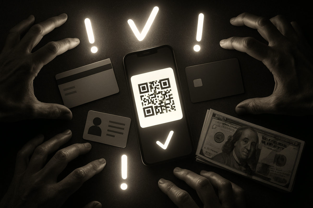 Dark desk with glowing smartphone QR code, ID cards, bank card, cash and grabbing hands—dramatic reminder of the exact requirements to buy a Nintendo Switch 2, urgent eligibility check, high-stakes tension