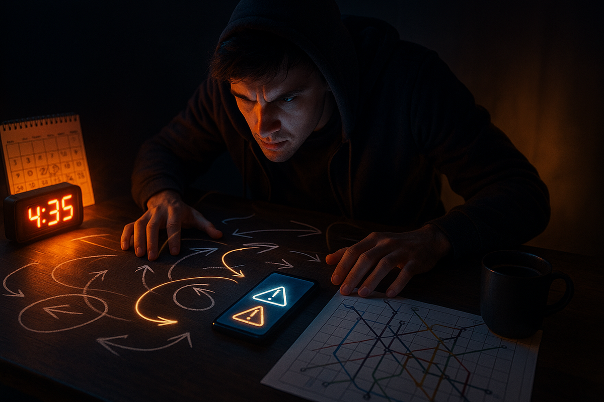 Hoodie-wearing gamer at 4:35 a.m. glaring at a phone with alert icons, table covered in chalk arrows, calendar and train map—obsessive timing strategy to snipe a surprise Switch 2 restock, sleepless focus and nervous excitement