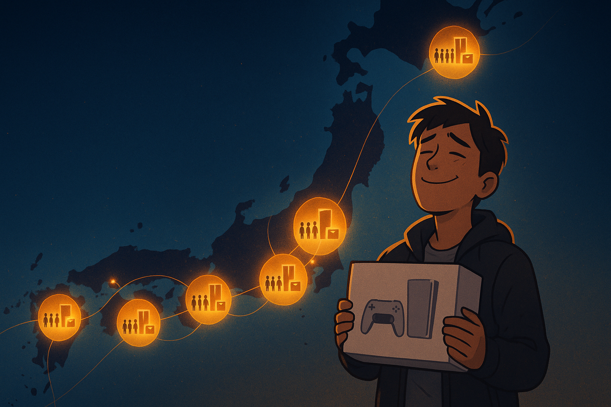 Stylized night map of Japan lit with golden store hotspots, smiling player clutching a next-gen console box—nationwide Yodobashi hunt visualized, from desperate store hopping to ultimate Switch 2 victory, warm relief and satisfaction