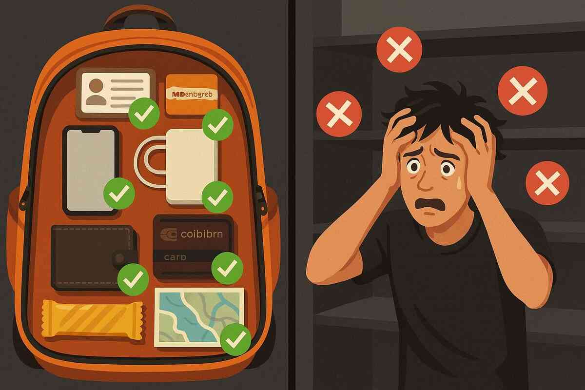 Split screen: neatly packed backpack with ID, cards, phone, snacks and green checkmarks versus panicked shopper in front of empty shelves and red Xs—emotional checklist showing how perfect prep saves your Switch 2 chance from disaster