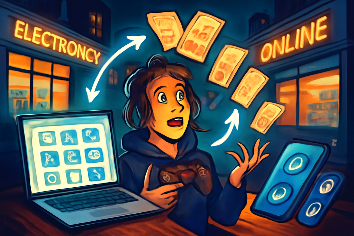 Excited gamer juggling a controller between glowing laptop and smartphone, money floating in the air, background storefronts marked offline and online—chaotic yet hopeful scene of combining multiple purchase routes for a coveted Switch 2, thrilling double-chance energy