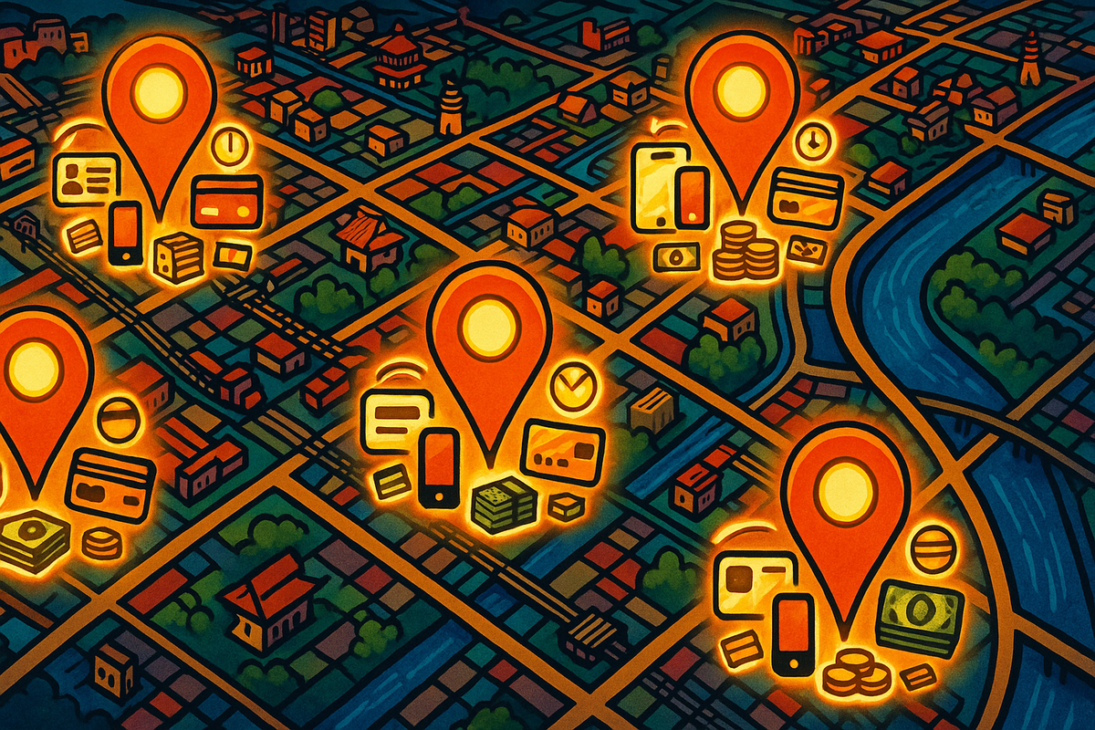 Bright illustrated city map of Mito with multiple glowing location pins, each surrounded by icons for phone apps, credit cards, cash and clocks, energetic overview of every store where you can buy a Switch2, hopeful treasure-hunt feeling