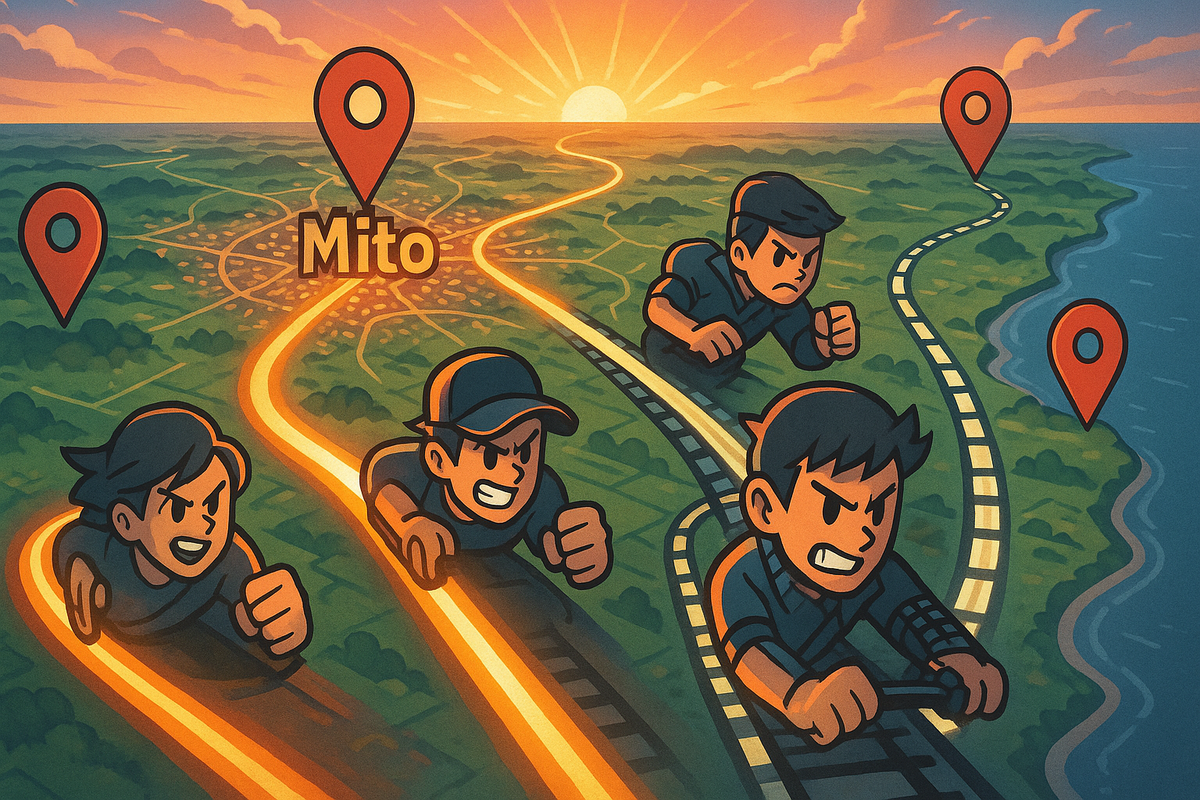 Wide regional race map radiating out from Mito toward nearby coastal and countryside towns, determined cartoon gamers sprinting along car roads and train tracks toward red pins, sunrise adventure vibe for hunting Switch2 in the suburbs