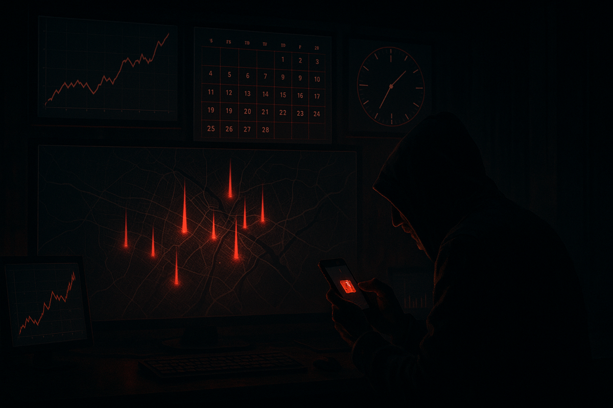 Dark secret control room with a hooded figure hunched over a smartphone, giant monitors showing Mito city map spikes, calendar and stock graphs glowing red, intense late-night analysis of hidden Switch2 restock patterns and guerrilla sales