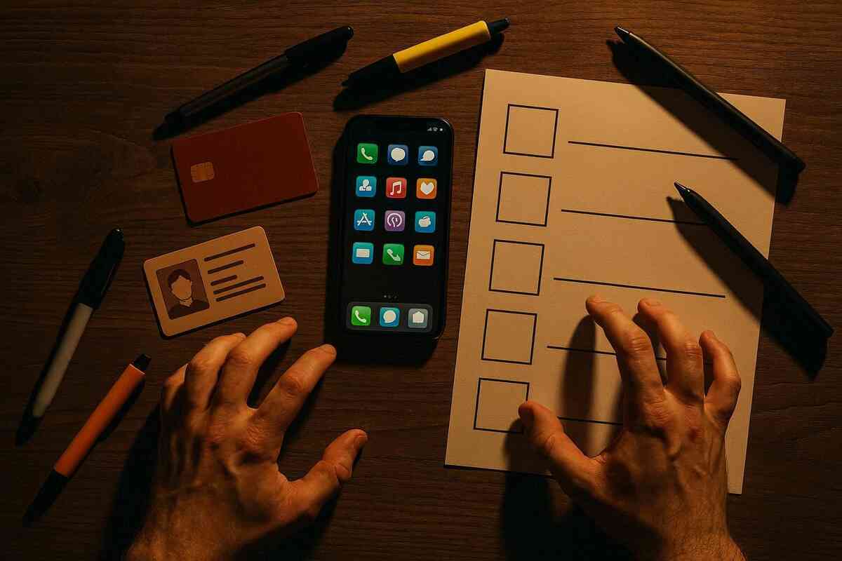 Warm desk flat-lay with ID card, bank card, smartphone full of store apps and an empty checklist, nervous hands hovering over the paper, emotional pre-departure moment of preparing everything needed to buy a Switch2 in Mito without failing